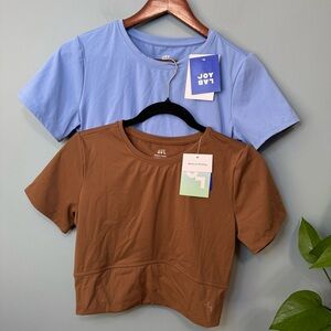 JoyLab Bundle of 2 Cropped Shirt Sleeve Moisture Wicking. Brown Blue. NWT. Med